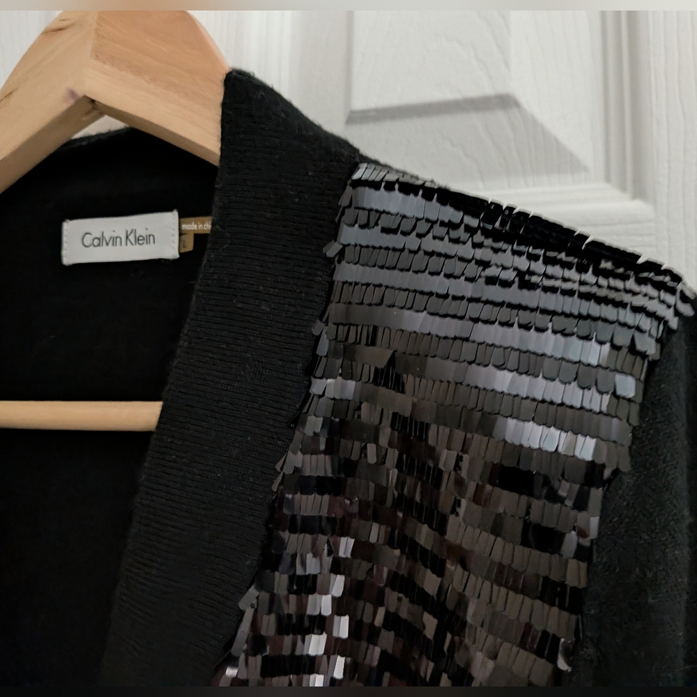 Calvin Klein, Black Fall Sequins Cardigan. Size Large.